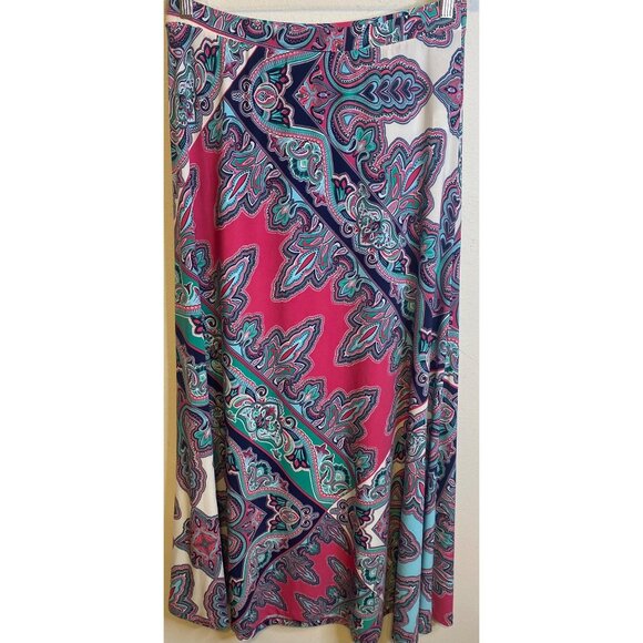 Chicos Size 1 Women's Skirt Scarf Print Pull On Maxi Long Boho Pink Aqua MEDIUM - Picture 1 of 3